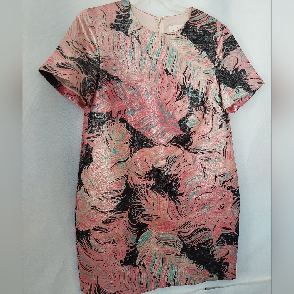 kate spade Regal Plumes Pink, Peach and Black Feather Print Dress. Size 6.